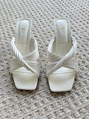 Zara White Twisted-Strap Square-Toe Heeled Sandals